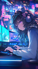 Poster - Kawaii girl playing video games, Cute gamer anime with neon colors, Vertical background