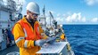 © Blue Ha Waii - AI - A maritime worker is reviewing plans on a vessel in calm waters, ensuring safety and efficiency in operations at sea.