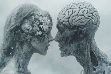 Sticker - Surreal Illustration of Two Skeletal Figures with Brain Patterns Depicting the Intersection of Life Death and Cognitive Connection