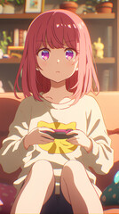 Sticker - Kawaii girl playing video games, Cute gamer anime with neon colors, Vertical background