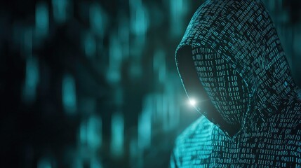 A mysterious figure in a digital hoodie, surrounded by binary code, embodies the essence of cybercrime and hacking culture.