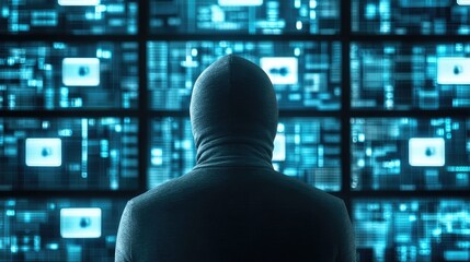 Wall Mural - A mysterious figure in a hooded garment sits in front of glowing screens, immersed in the world of technology and cybersecurity.