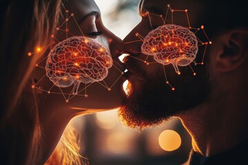 Poster - Romantic Digital Art of a Couple Kissing with Glowing Brain Illustrations Representing Emotional and Cognitive Unity