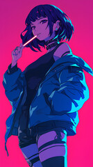 Poster - Cool girl clothing trend cyberpunk vaporwave, anime style, rainbow color background