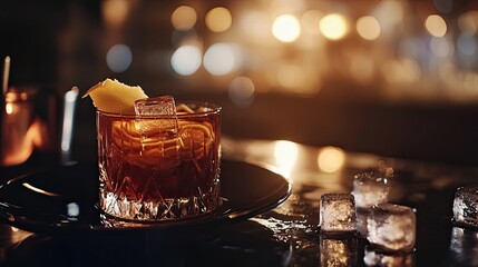 Wall Mural - A dark, elegant setting with spaghetti carbonara on a plate and a glass of Italian Negroni cocktail, with ice cubes glistening against the dark backdrop.