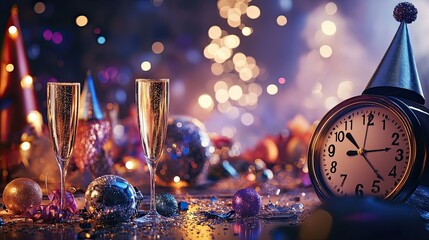 A festive New Years Eve party scene with sparkling decorations, a countdown clock, and a table set with champagne glasses and party hats.