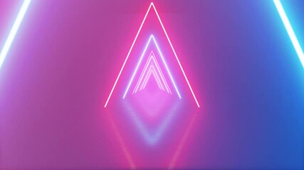 Wall Mural - neon glowing triangle tunnel with blue light lines moving fast. background futuristic corridor with 