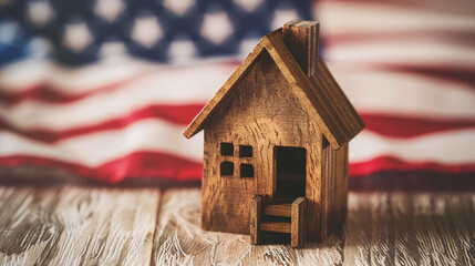 House Model Against USA Flag Background: Symbolizing American Homeownership and Patriotism with a Strong National Identity