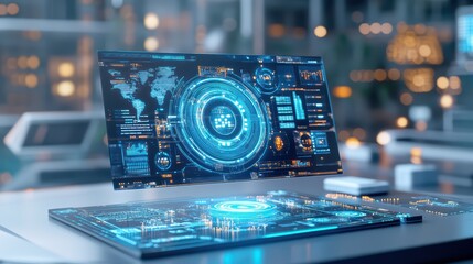 Futuristic computer interface displaying data and analytics in a modern workspace. Innovative design with bright visuals.