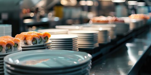 Wall Mural - Stacked Sushi Plates on a Dining Table at a Conveyor Belt Sushi Restaurant