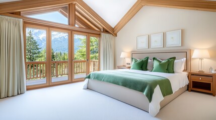 Spacious bedroom with modern decor, large windows, and mountain views, featuring a cozy bed and warm wooden accents.