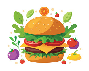 Wall Mural - Delicious burger with fresh ingredients and vegetable vector illustration 