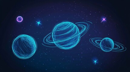 Colorful digital illustration of planets and stars in a cosmic setting.