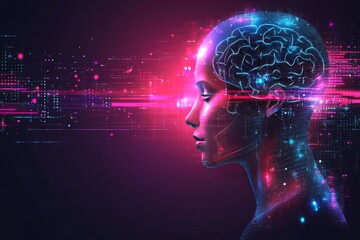 Wall Mural - Digital Art of a Female Profile with Neon Brain Illustration Depicting the Intersection of Technology and Human Cognitive Evolution