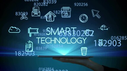 Poster - Smart technology icons animation over hand holding tablet