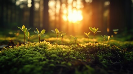 Wall Mural - A group of small plants are growing in a field with a bright sun in the background. The sun is shining on the plants, making them look healthy and vibrant. Concept of growth and renewal