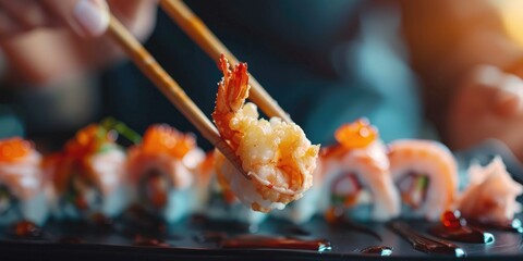 Wall Mural - Close-up of an individual savoring tempura shrimp uramaki with chopsticks at a dining establishment.