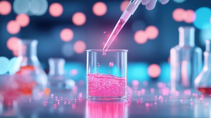 Canvas Print - A scientist carefully pipettes a brightly colored liquid into a test tube, surrounded by other lab equipment and beakers.