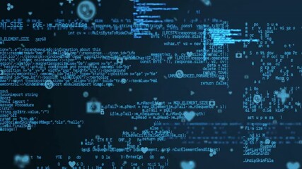 Wall Mural - Computer code and icons animation over dark background with floating particles