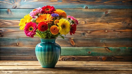 Wall Mural - A vibrant vase filled with colorful flowers sitting on a wooden table