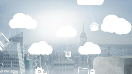 Wall Mural - Cloud computing icons animation over cityscape with skyscrapers