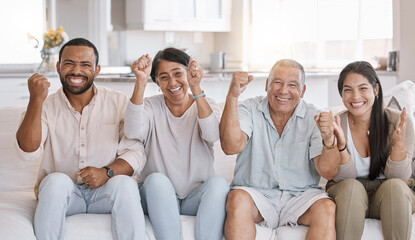 Sticker - Fist pump, portrait and smile with family on sofa in living room of home together for celebration. Cheering, happy or relax with senior parents, man and woman sports fans watching tv in apartment