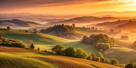 Canvas Print - Warm morning light casts a golden glow on rolling hills, with a brown sugar sky fading to soft pink hues, a realistic photo image.