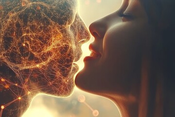 Poster - Two people facing each other with fiery abstract brain patterns symbolizing intense connection shared thoughts and emotional energy