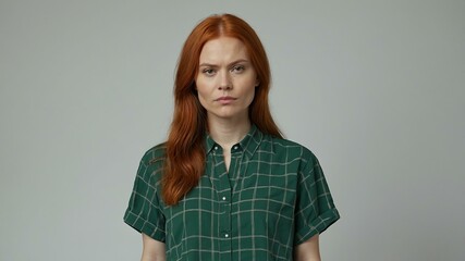 adult red hair finnougric woman in green shirt model portrait standing straight on a plain white background for ad concept space for text