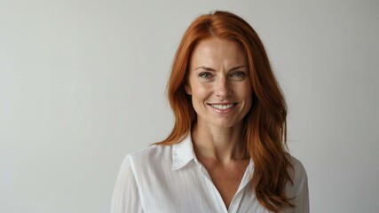 adult red hair caucasian woman in white shirt model portrait standing straight on a plain white background for ad concept space for text