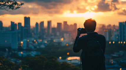 A silhouetted photographer capturing a vibrant sunset over a bustling city skyline from a hillside viewpoint in the early evening