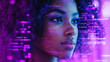 © J - AI cyber security threat illustration, female african american IT specialist analysing futuristic holographic data information. Augmented reality artificial intelligence collage, side profil