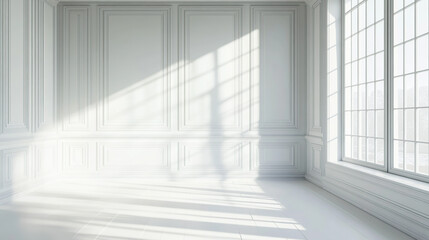 A white room with white paneled walls and a window, light shadows, and sun rays