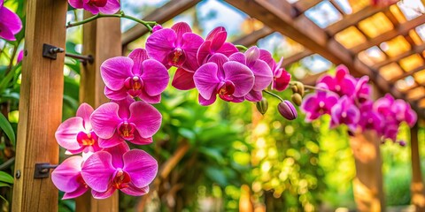 Vibrant pink orchid flowers cascade down a wooden trellis, against a blurred outdoor garden scene, overhead angle, bright, lively, a realistic photo image.