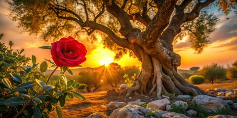 Wall Mural - A solitary brilliant rose blooms amidst the gnarled branches of an ancient twisted olive tree, basking in the warm golden light of sunset, a realistic photo image.