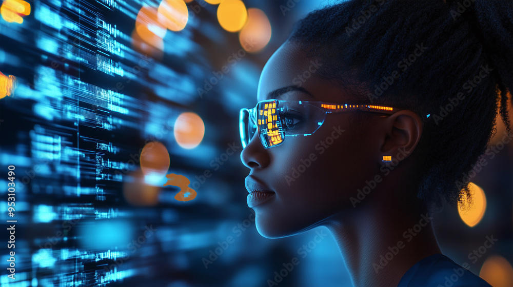 AI cyber security threat illustration, female african american IT ...