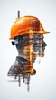 © Timaren - Double exposure of a male engineer with a construction site silhouette, representing planning, architecture, and development.