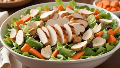 A bowl of fresh green salad with grilled chicken , carrots , tomato, cheese, croutons , and a creamy dressing 