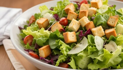 A bowl of fresh green salad with grilled chicken , carrots , tomato, cheese, croutons , and a creamy dressing 