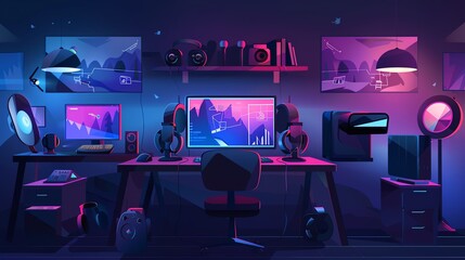 Poster - Gaming setup with VR, immersive play, flat design illustration