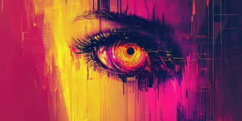 An abstract depiction of a vibrant eye showcasing a blend of colors and digital manipulation in an imaginative artistic style