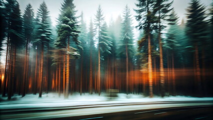 Blurred Winter forest landscape with trees and snow. Nature background, banner. Copy space