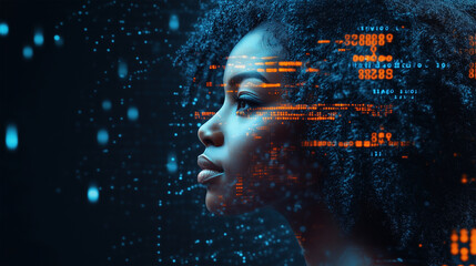 ai cyber security threat illustration, female african american it specialist analysing futuristic ho