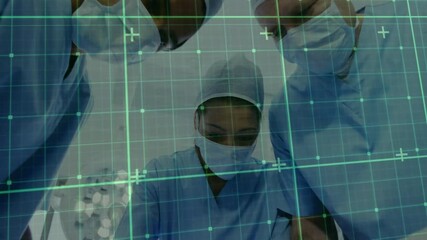 Poster - Medical professionals performing surgery over grid and data points animation