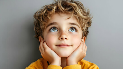 Cute Little Boy with Curly Blonde Hair Looking Up - Stock Photo