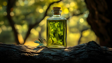 Glass Bottle of Green Liquid on Tree Branch with Bokeh Background - Nature Photography