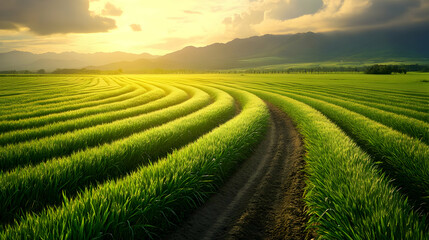 Stunning Sunset Over Lush Green Fields with Winding Paths