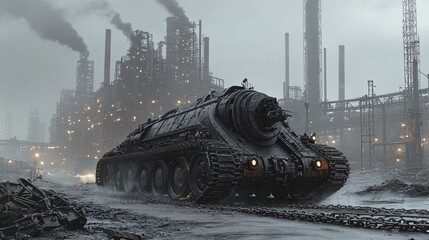 heavy industrial tank, blackened steel with rivets and chains, crossing a massive industrial complex, ultra-detailed with gritty textures, low-angle shot emphasizing the tank's immense size, metal