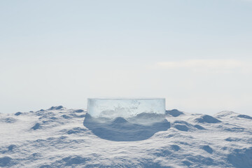 Wall Mural - 3d render stage and natural winter background, ice snow podium on snow peak above a vast landscape o