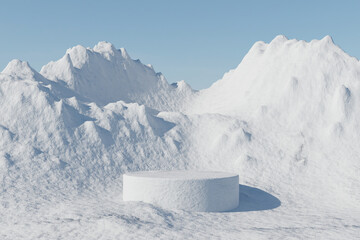 Wall Mural - 3d render winter platform and natural mockup background, snow podium on the ice snow mountain, backd
